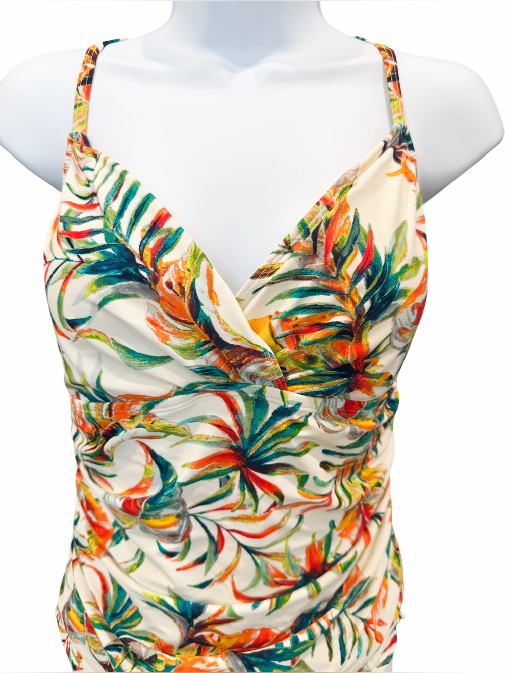 Ellen Tracy One Piece Swimsuit Ruched V Neck Tropical Palm Print Ivory Multi 14 - Picture 5 of 11